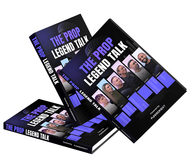 The book 'The Prop Legend Talk' from FundedNext, featuring talks and interviews with trading experts.