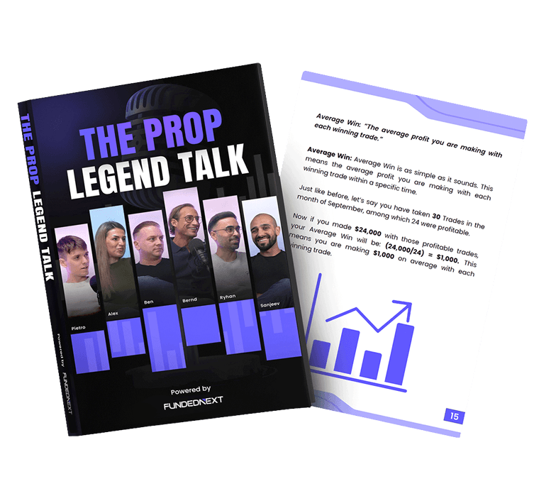 The 'The Prop Legend Talk' book by FundedNext, displayed with an inside page showing a lesson on calculating 'Average Win' in trading.