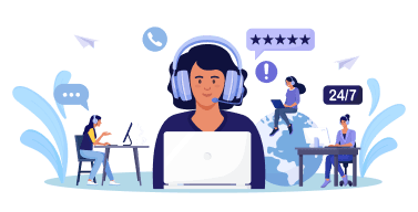 Illustration of customer service agents with headsets providing 24/7 global support for traders around the world