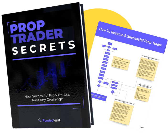 The e-book 'Prop Trader Secrets' shown with a sample page revealing a flowchart on 'How To Become A Successful Prop Trader'.